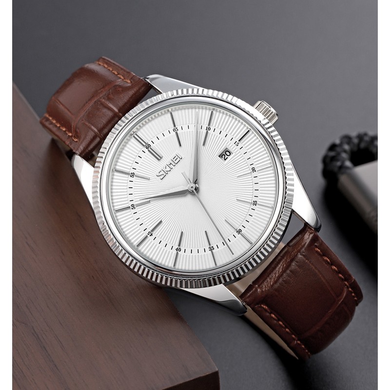 Чоловічий класичний годинник Skmei 9298SISIBN Silver Silver-Brown зі шкіряним ремінцем та мінеральним склом