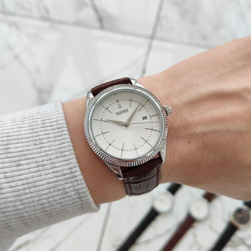 Чоловічий класичний годинник Skmei 9298SISIBN Silver Silver-Brown зі шкіряним ремінцем та мінеральним склом