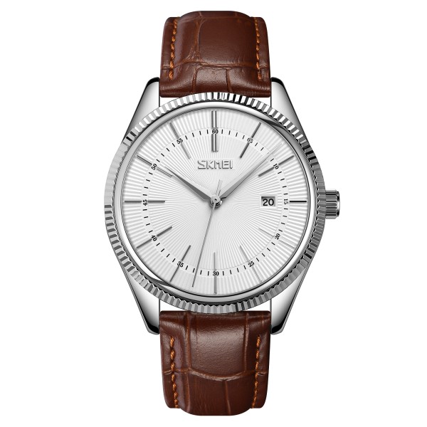 Чоловічий класичний годинник Skmei 9298SISIBN Silver Silver-Brown зі шкіряним ремінцем та мінеральним склом