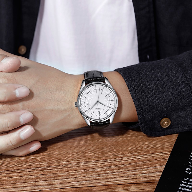 Чоловічий класичний годинник Skmei 9298SISIBK Silver-Black зі шкіряним ремінцем та мінеральним склом