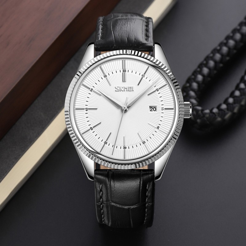 Чоловічий класичний годинник Skmei 9298SISIBK Silver-Black зі шкіряним ремінцем та мінеральним склом