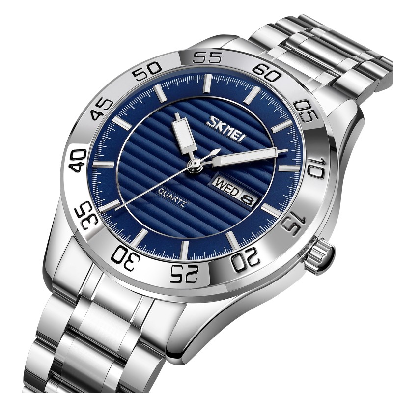 Чоловічий класичний годинник Skmei 9293SIBU Silver-Blue зі сріблястим браслетом та синім циферблатом