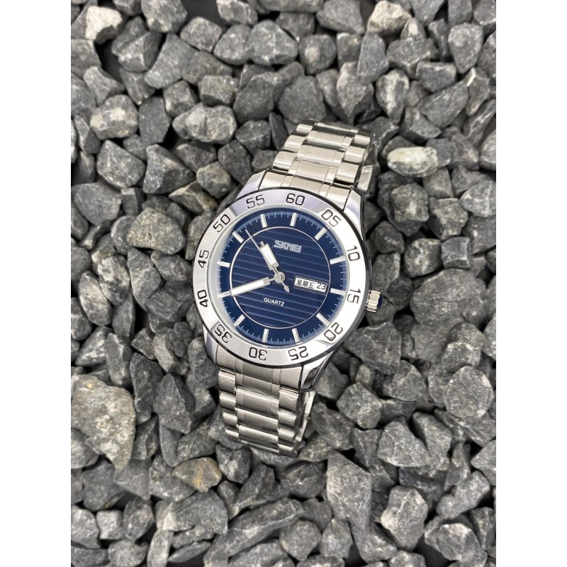 Чоловічий класичний годинник Skmei 9293SIBU Silver-Blue зі сріблястим браслетом та синім циферблатом