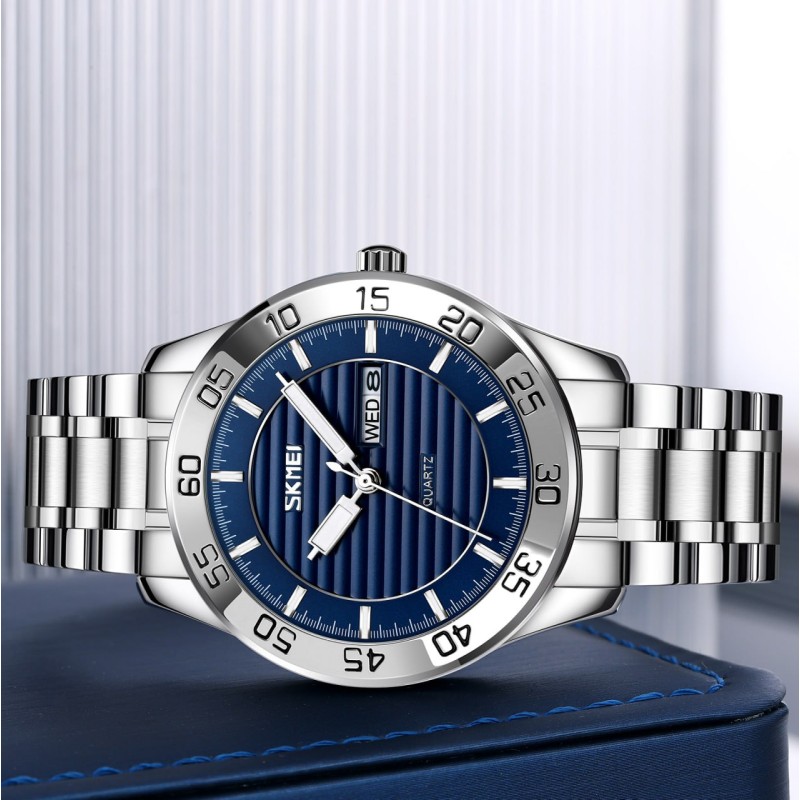Чоловічий класичний годинник Skmei 9293SIBU Silver-Blue зі сріблястим браслетом та синім циферблатом
