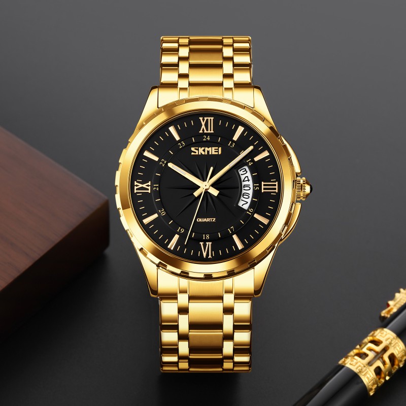 Чоловічий годинник Skmei 9069GDBK Gold-Black з металевим браслетом та мінеральним склом