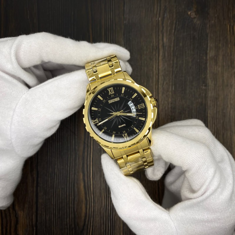 Чоловічий годинник Skmei 9069GDBK Gold-Black з металевим браслетом та мінеральним склом