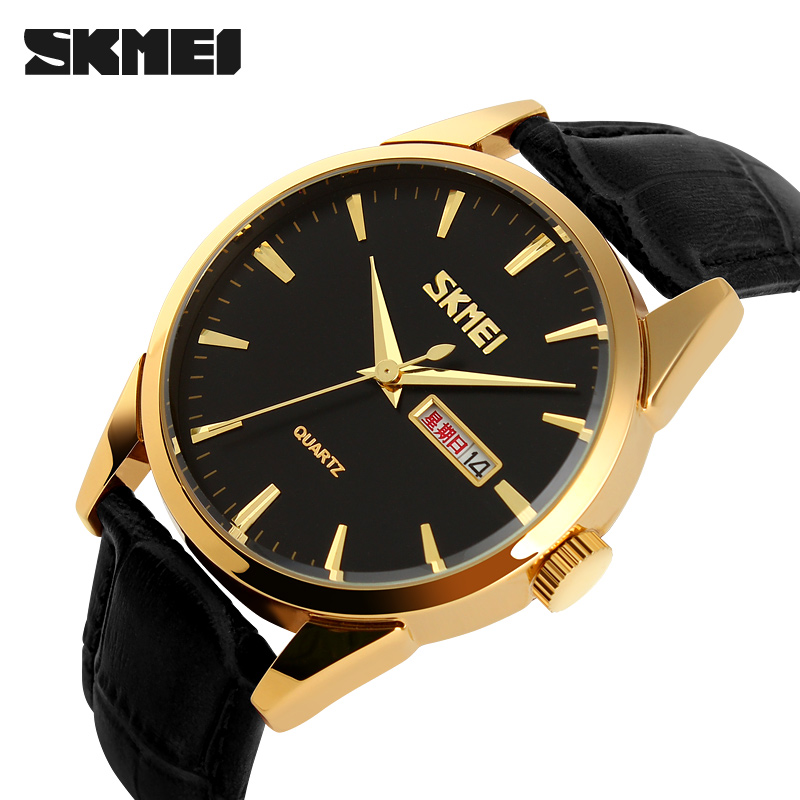 Чоловічий годинник Skmei 9073GDBK-B Gold-Black з шкіряним ремінцем та календарем