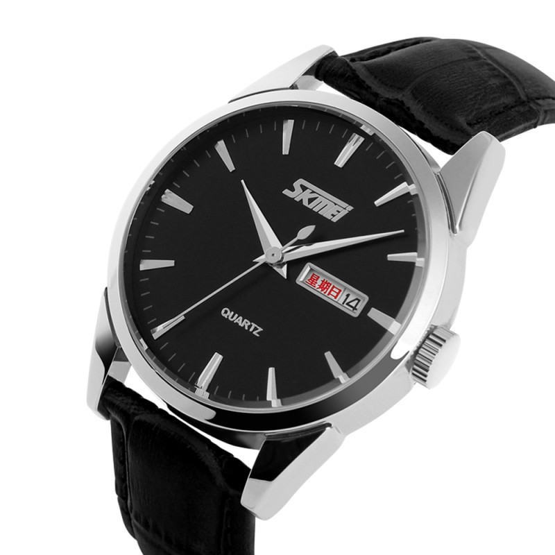 Чоловічий годинник Skmei 9073SIBK-B Silver-Black зі сріблястим корпусом та шкіряним ремінцем