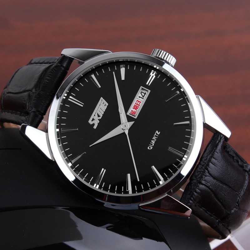 Чоловічий годинник Skmei 9073SIBK-B Silver-Black зі сріблястим корпусом та шкіряним ремінцем