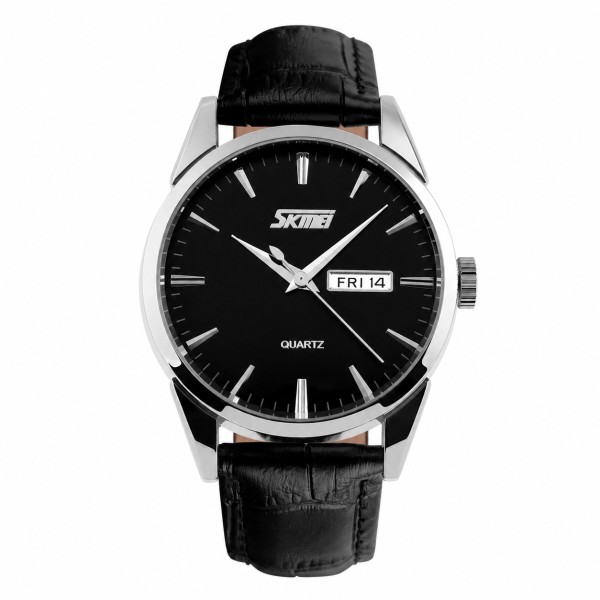 Чоловічий годинник Skmei 9073SIBK-B Silver-Black зі сріблястим корпусом та шкіряним ремінцем