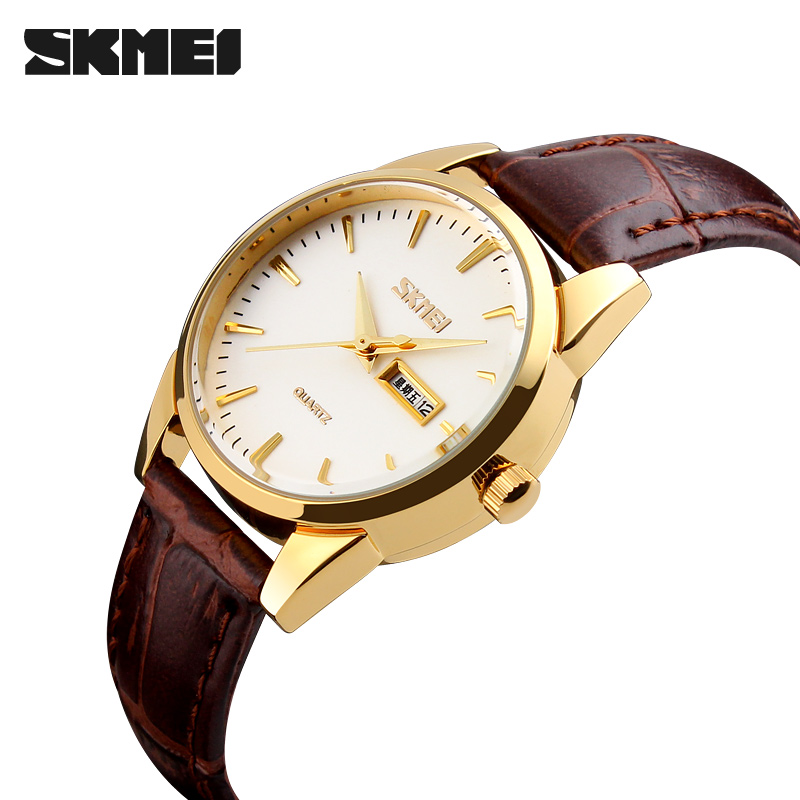 Жіночий класичний годинник Skmei 9073GDWT-S Gold-White з білим циферблатом та шкіряним ремінцем