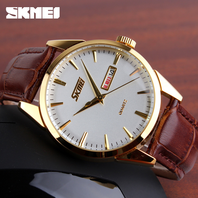 Жіночий класичний годинник Skmei 9073GDWT-S Gold-White з білим циферблатом та шкіряним ремінцем