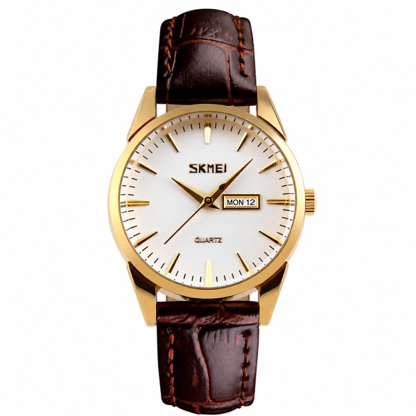 Жіночий класичний годинник Skmei 9073GDWT-S Gold-White з білим циферблатом та шкіряним ремінцем