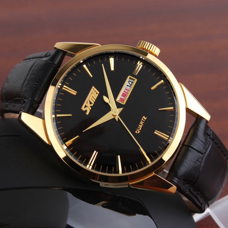 Жіночий класичний годинник Skmei 9073GDBK-S Gold-Black зі шкіряним ремінцем та календарем