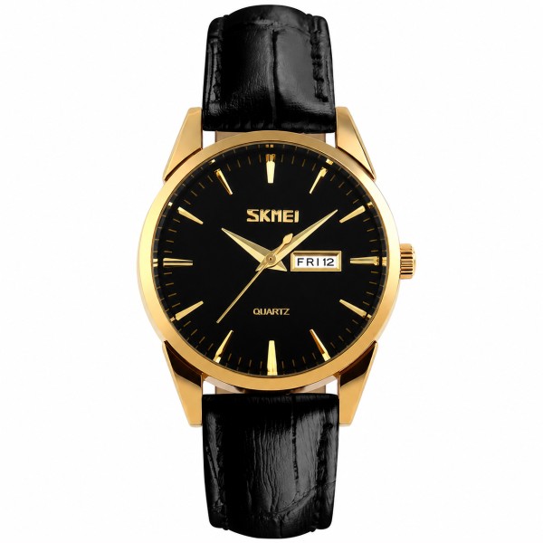 Жіночий класичний годинник Skmei 9073GDBK-S Gold-Black зі шкіряним ремінцем та календарем