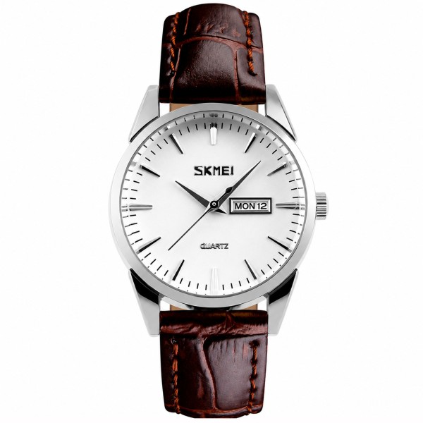 Жіночий класичний годинник Skmei 9073SIWT-S Silver-White зі шкіряним ремінцем та календарем