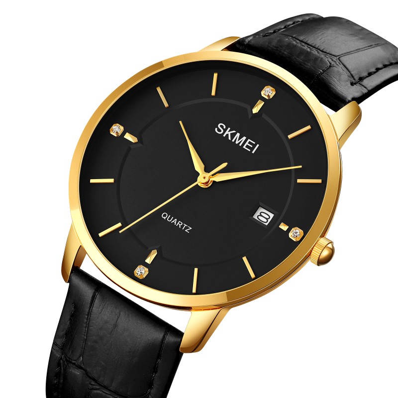 Чоловічий класичний годинник Skmei 1801LGDBK Gold-Black Leather з датою та мінеральним склом