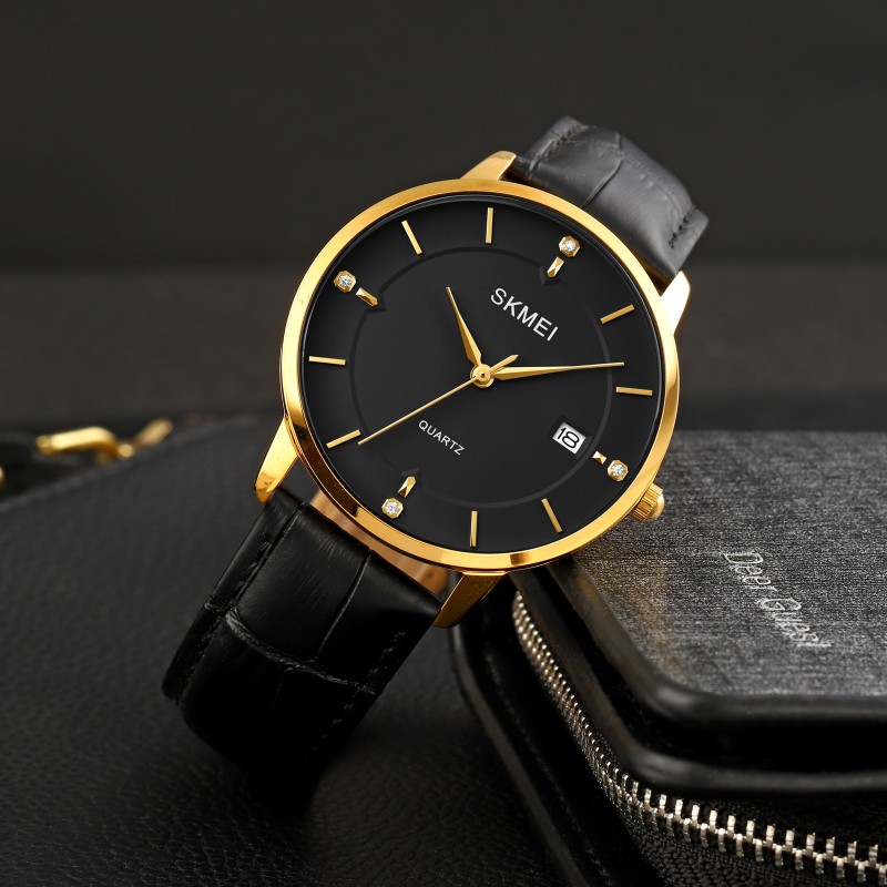 Чоловічий класичний годинник Skmei 1801LGDBK Gold-Black Leather з датою та мінеральним склом