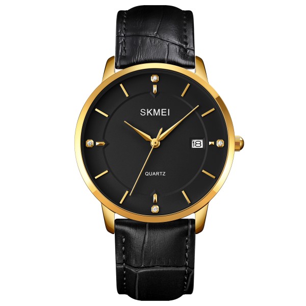 Чоловічий класичний годинник Skmei 1801LGDBK Gold-Black Leather з датою та мінеральним склом