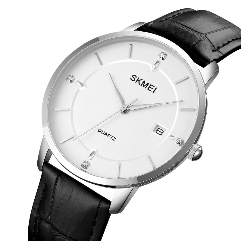 Чоловічий годинник Skmei 1801LSIWT Silver-Black White Leather класичний зі шкіряним ремінцем
