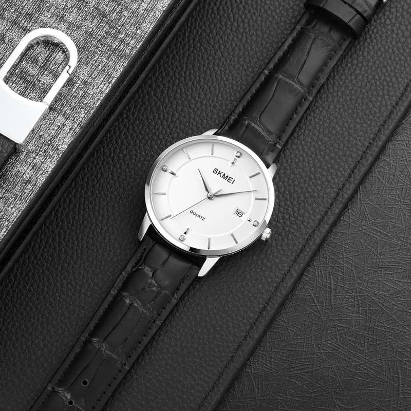 Чоловічий годинник Skmei 1801LSIWT Silver-Black White Leather класичний зі шкіряним ремінцем