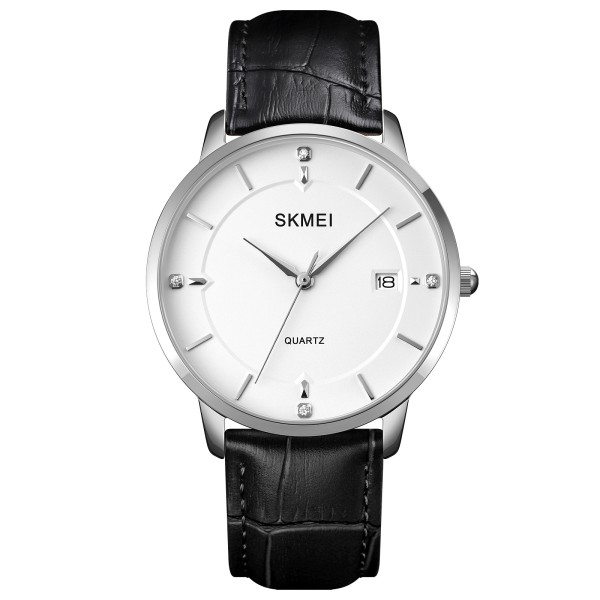 Чоловічий годинник Skmei 1801LSIWT Silver-Black White Leather класичний зі шкіряним ремінцем