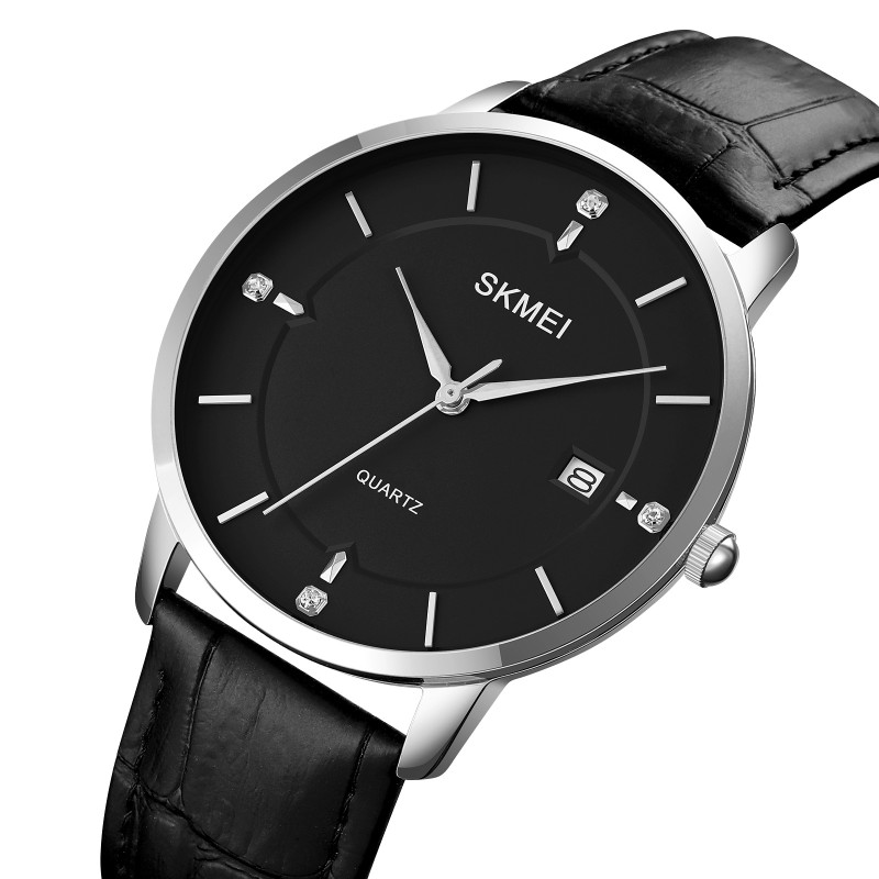 Чоловічий класичний годинник Skmei 1801LSIBK Silver-Black Leather зі шкіряним ремінцем