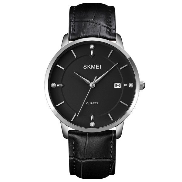Чоловічий класичний годинник Skmei 1801LSIBK Silver-Black Leather зі шкіряним ремінцем