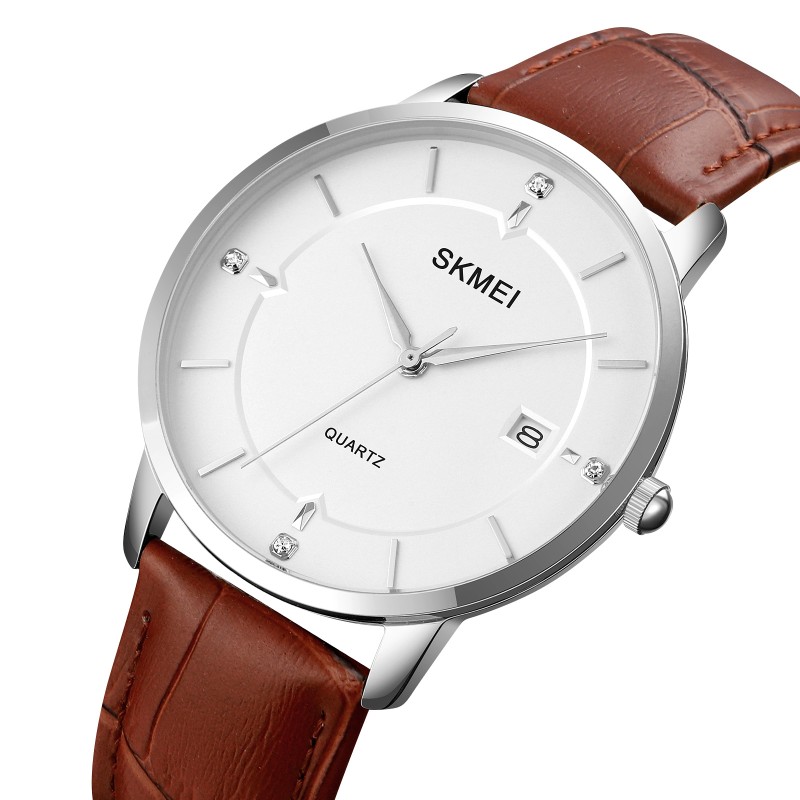 Чоловічий класичний годинник Skmei 1801LSIBN Silver-White Brown Leather зі шкіряним ремінцем