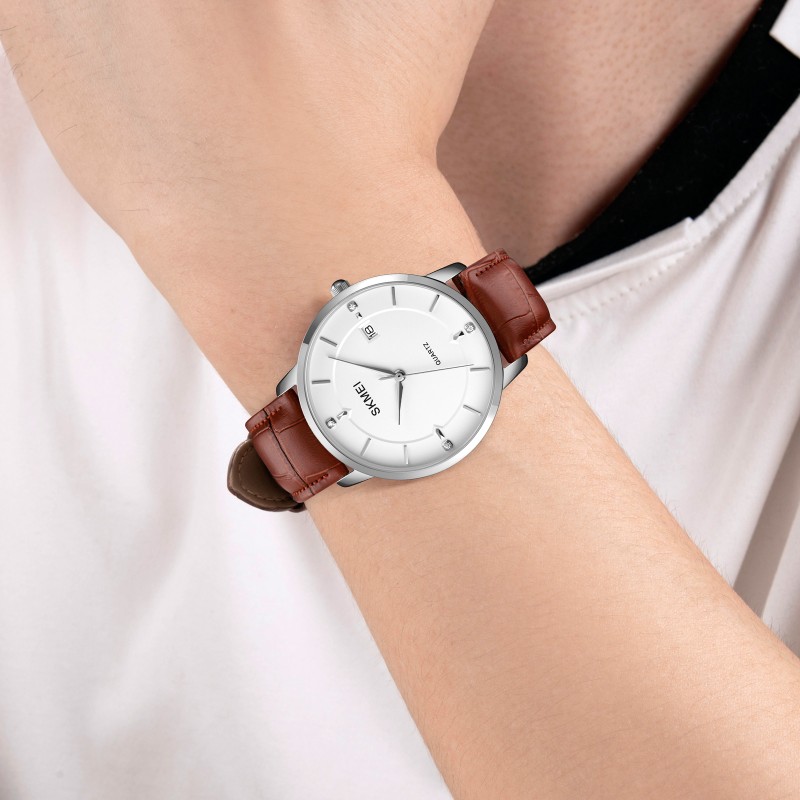 Чоловічий класичний годинник Skmei 1801LSIBN Silver-White Brown Leather зі шкіряним ремінцем