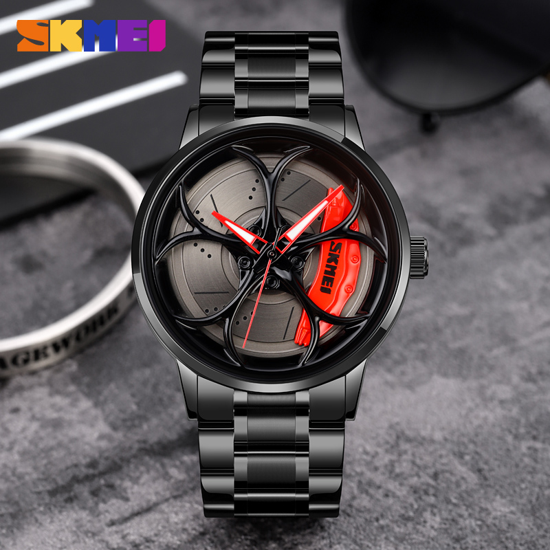 Мужские классические часы Skmei 1990B Black-Red с металлическим браслетом и минеральным стеклом