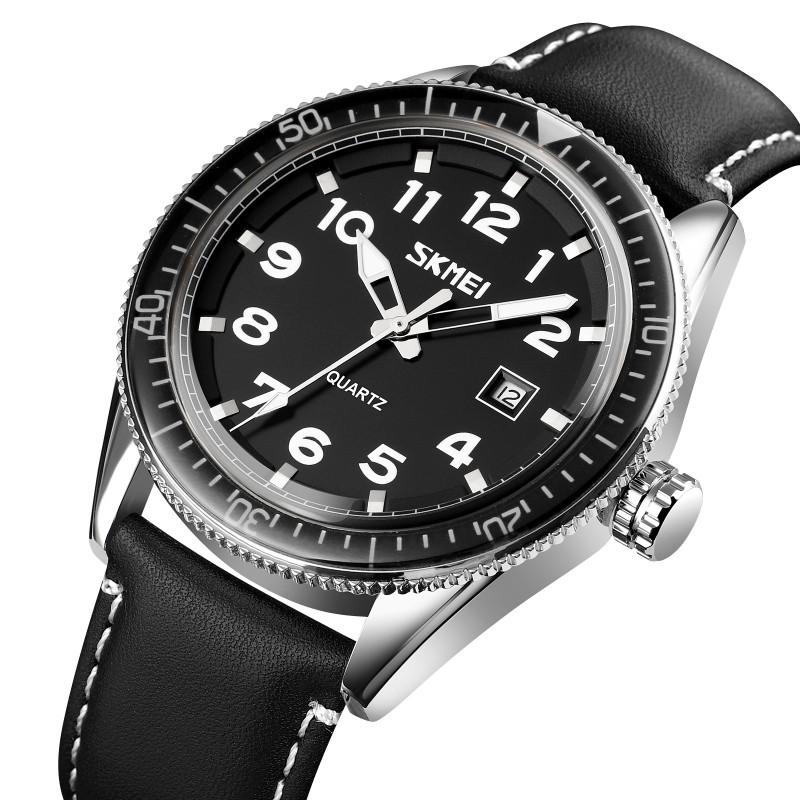 Мужские классические часы Skmei 9232LSIBK Silver-Black Leather с календарем и кожаным ремешком