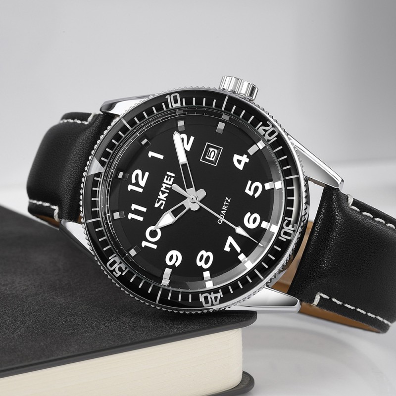 Мужские классические часы Skmei 9232LSIBK Silver-Black Leather с календарем и кожаным ремешком