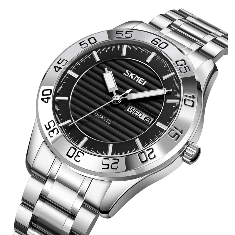 Чоловічий класичний годинник Skmei 9293SIBK Silver-Black зі сріблястим браслетом та мінеральним склом