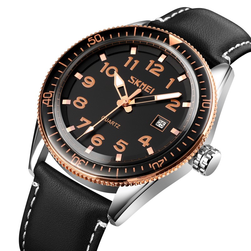 Чоловічий годинник Skmei 9232LRGBK Rose-Gold Black Leather з мінеральним склом та шкіряним ремінцем