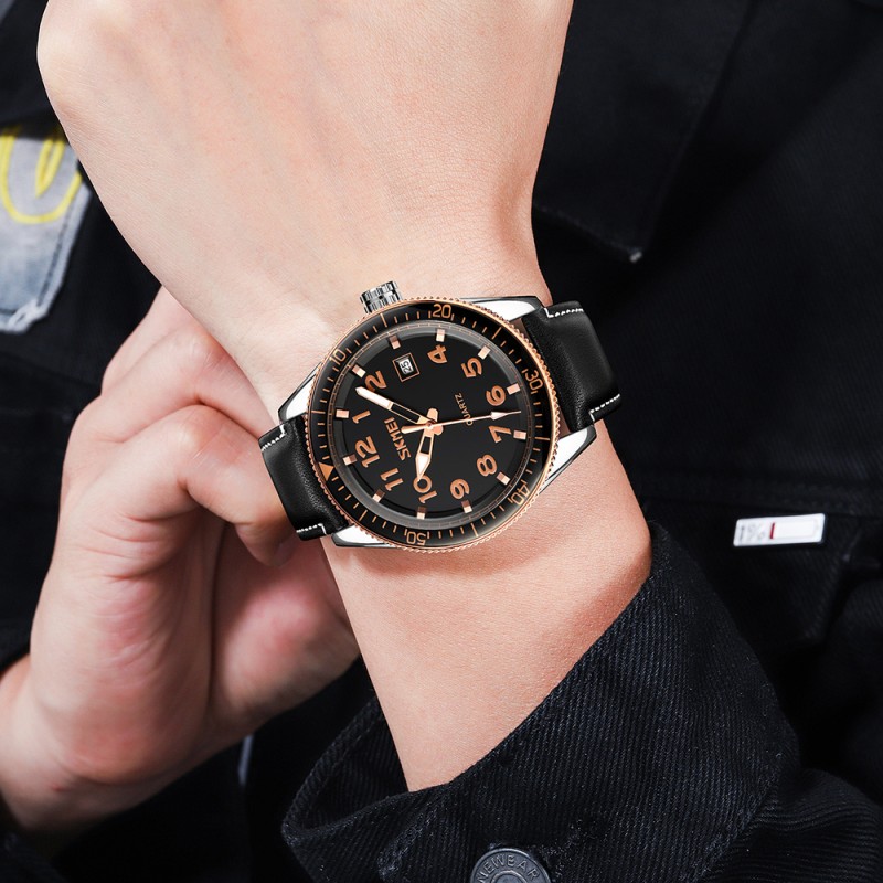 Чоловічий годинник Skmei 9232LRGBK Rose-Gold Black Leather з мінеральним склом та шкіряним ремінцем
