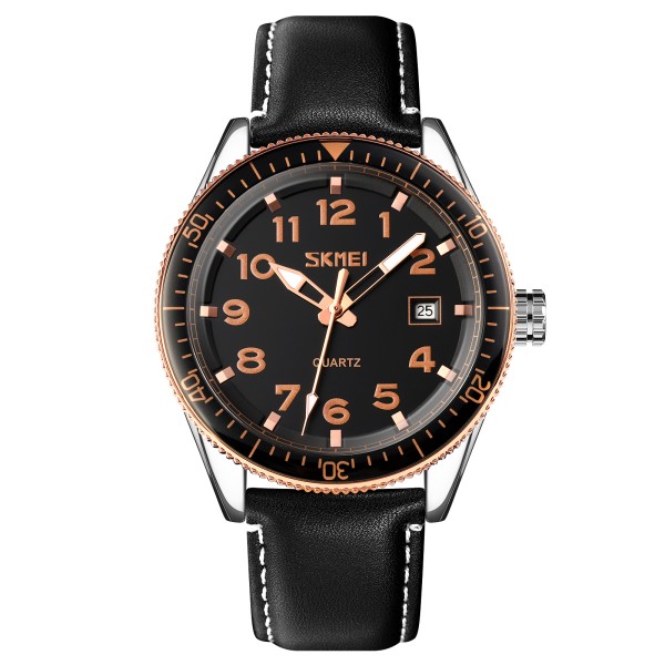 Чоловічий годинник Skmei 9232LRGBK Rose-Gold Black Leather з мінеральним склом та шкіряним ремінцем