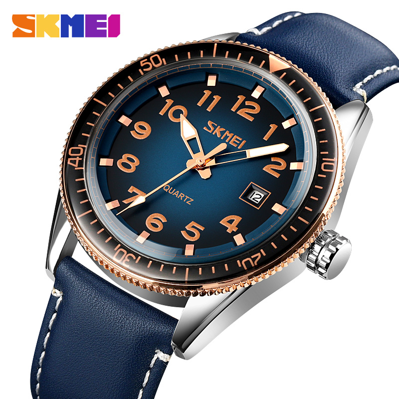 Мужские классические часы Skmei 9232LRGBU Rose-Gold Blue Leather с синим кожаным ремешком