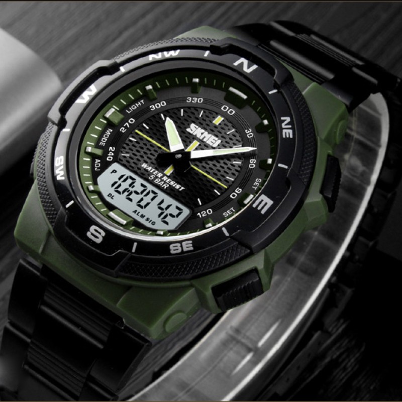 Чоловічий годинник Skmei 1370AG Army Green спортивний тактичний з металевим браслетом та підсвічуванням