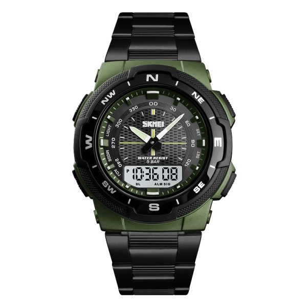 Чоловічий годинник Skmei 1370AG Army Green спортивний тактичний з металевим браслетом та підсвічуванням