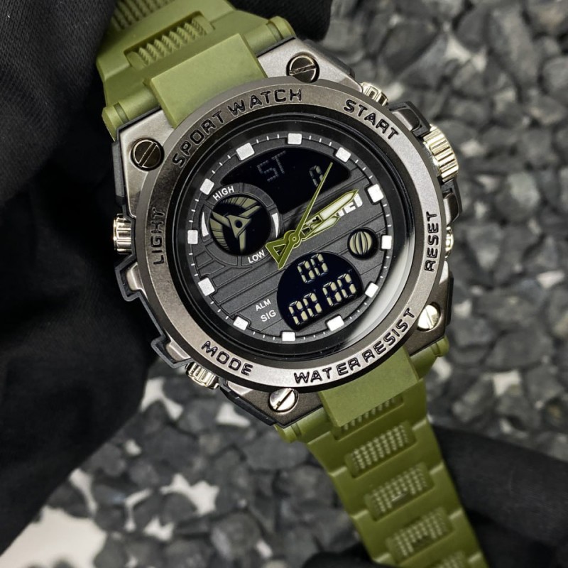 Мужские часы Skmei 2031AG Army Green спортивные тактические с комбинированным циферблатом