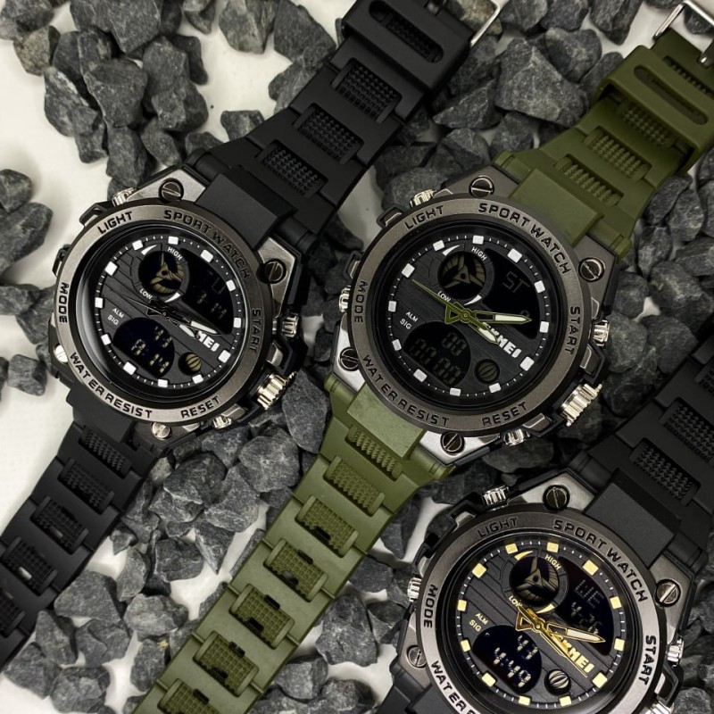Мужские часы Skmei 2031AG Army Green спортивные тактические с комбинированным циферблатом