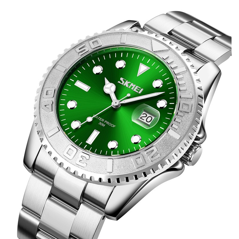 Чоловічий класичний годинник Skmei 9295SIGN Silver-Green зі сріблястим браслетом та зеленим циферблатом