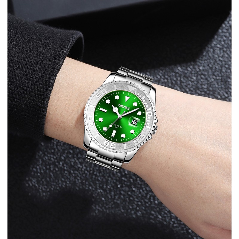 Чоловічий класичний годинник Skmei 9295SIGN Silver-Green зі сріблястим браслетом та зеленим циферблатом