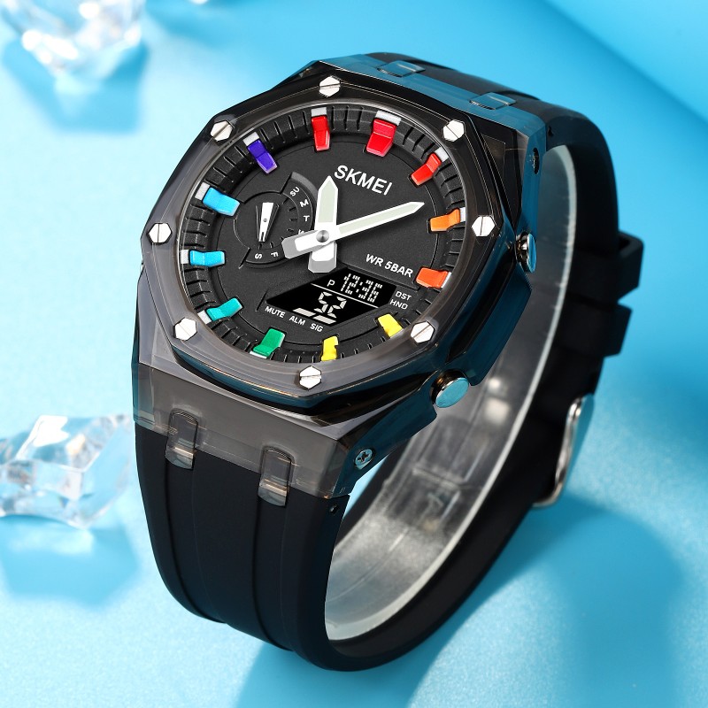 Спортивные часы Skmei 2100BKWT Black-White с комбинированным циферблатом и подсветкой