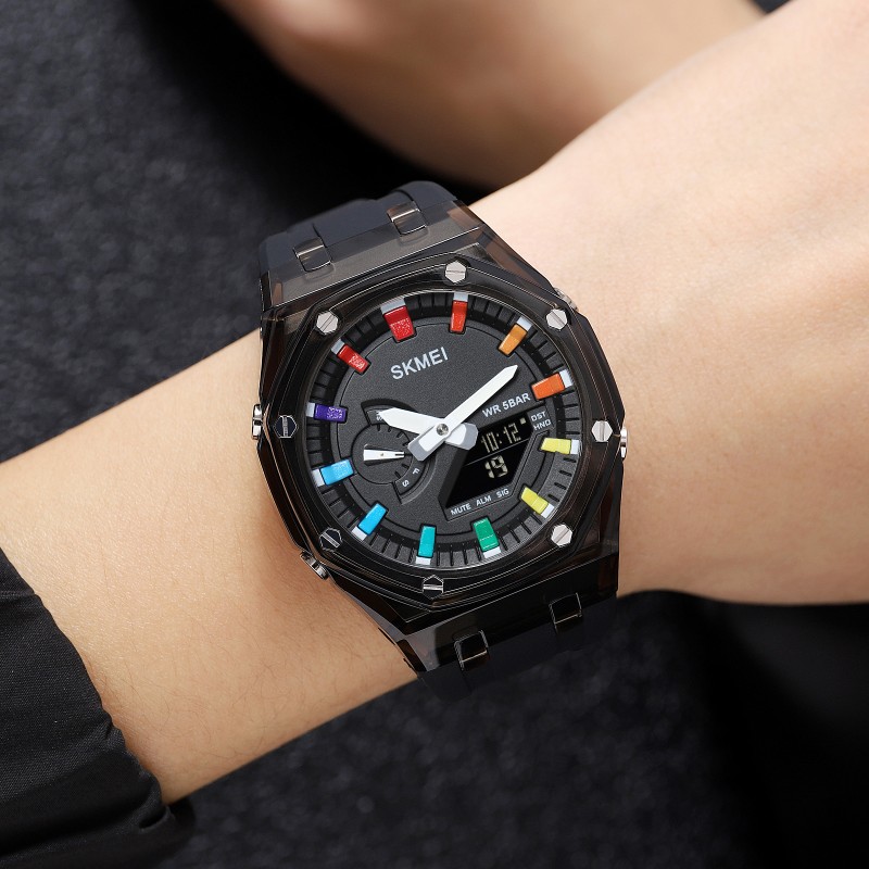 Спортивные часы Skmei 2100BKWT Black-White с комбинированным циферблатом и подсветкой