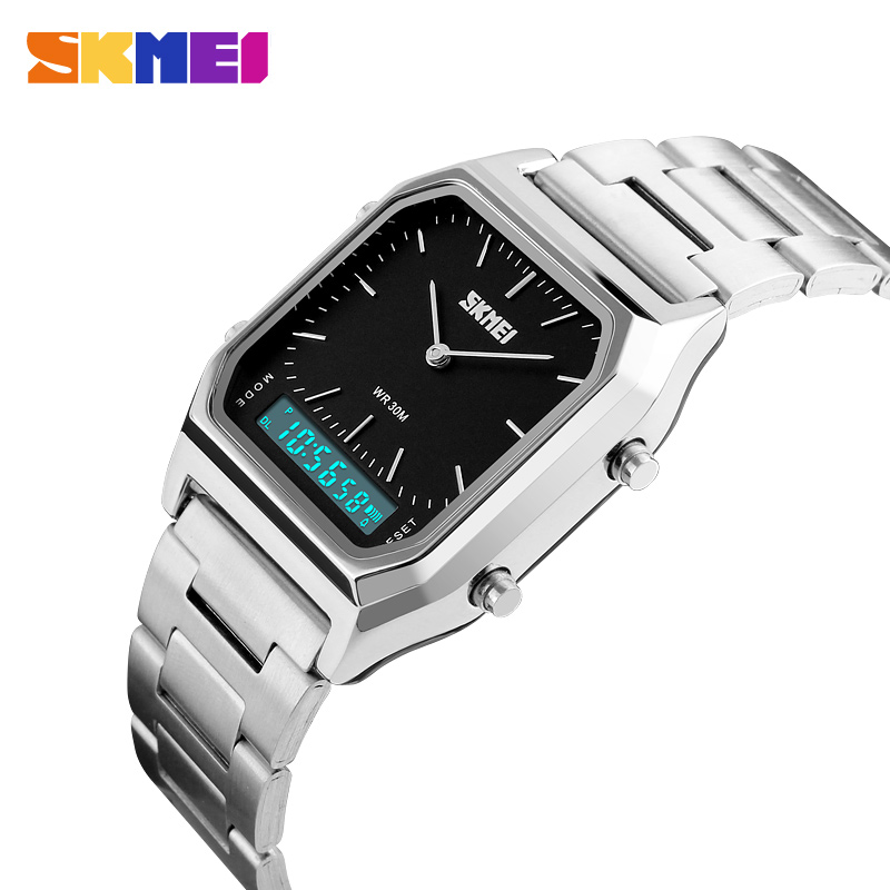 Женские часы Skmei 1220SIBK Silver-Black с серебристым браслетом и стрелочно-электронным циферблатом