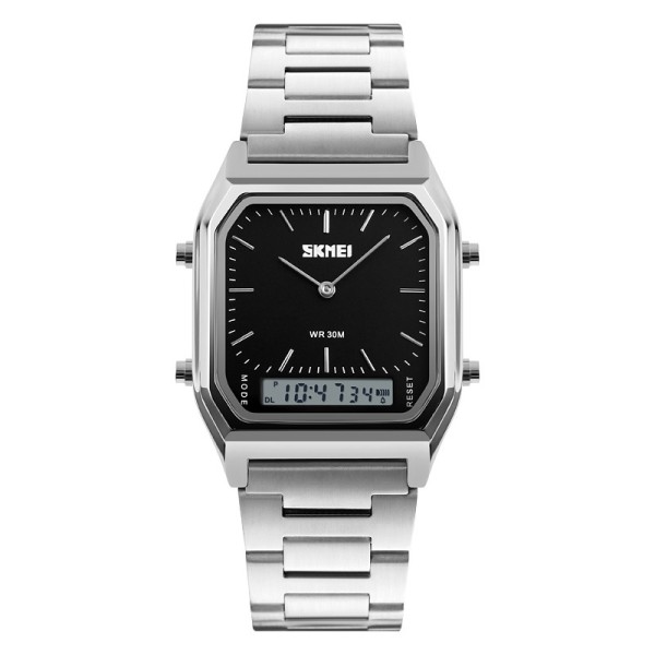 Женские часы Skmei 1220SIBK Silver-Black с серебристым браслетом и стрелочно-электронным циферблатом