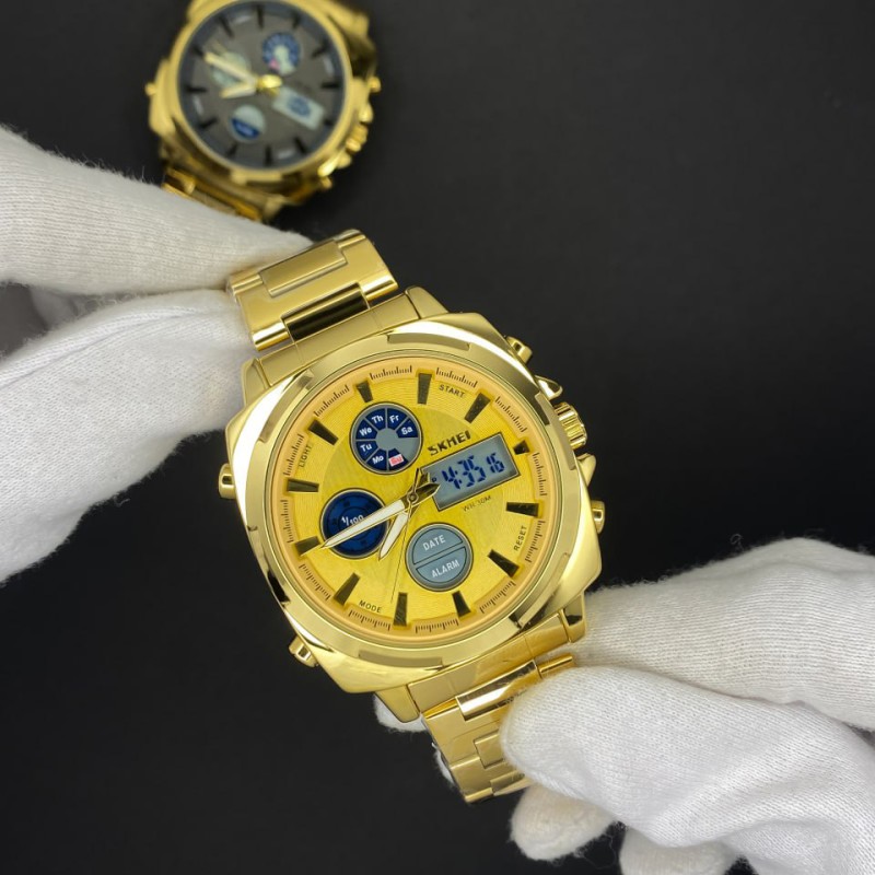 Чоловічий годинник Skmei 1673GDGD Gold-Gold з комбінованим циферблатом та металевим браслетом