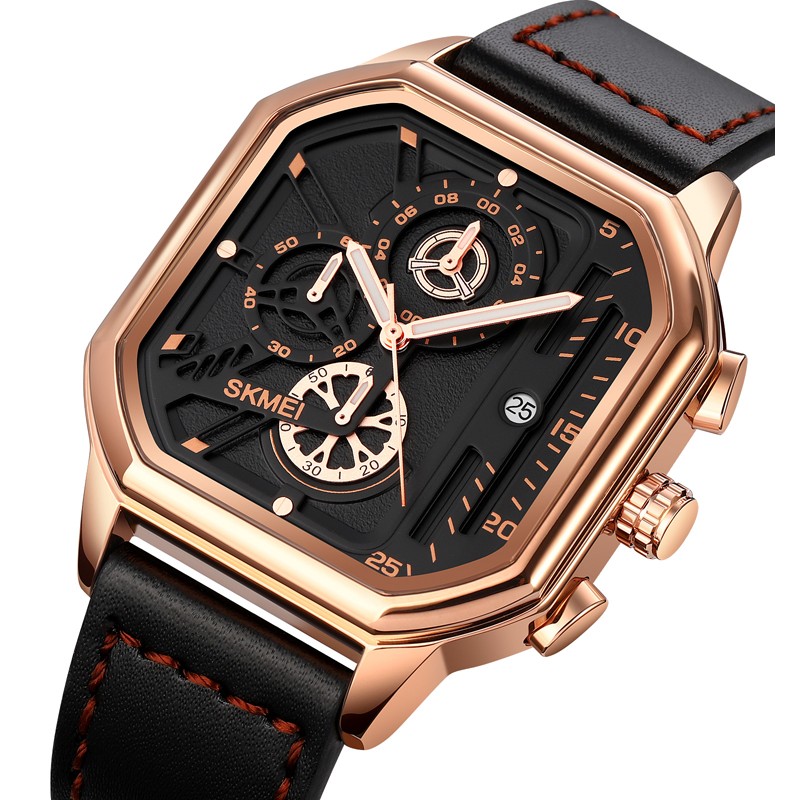 Мужские часы Skmei 1963RG Rose-Gold с секундомером и кожаным ремешком
